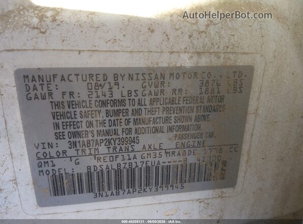 3N1AB7AP2KY399945 2019 NISSAN SENTRA White Շարժիչի բաժամունքի տեսք