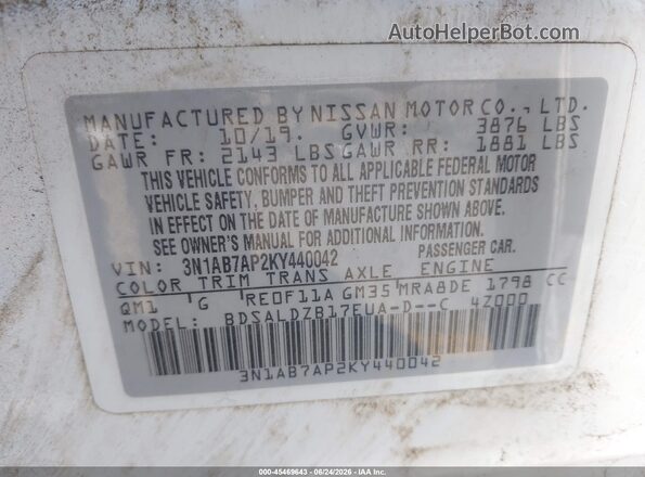 3N1AB7AP2KY440042 2019 NISSAN SENTRA White Vista del compartimento del motor