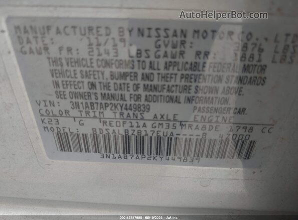 3N1AB7AP2KY449839 2019 NISSAN SENTRA Серебряный Вид подкапотного пространства