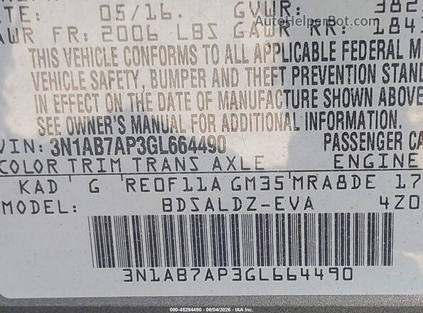 3N1AB7AP3GL664490 2016 NISSAN SENTRA Серый 
