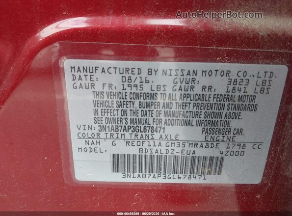 3N1AB7AP3GL678471 2016 NISSAN SENTRA Red Vista del compartimento del motor