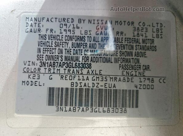 3N1AB7AP3GL683038 2016 NISSAN SENTRA Silver 