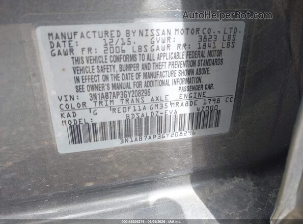 3N1AB7AP3GY208296 2016 NISSAN SENTRA Gray 