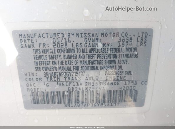 3N1AB7AP3GY215197 2016 NISSAN SENTRA Белый 