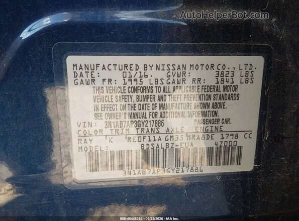 3N1AB7AP3GY217886 2016 NISSAN SENTRA Blue ძრავის განყოფილების ხედი