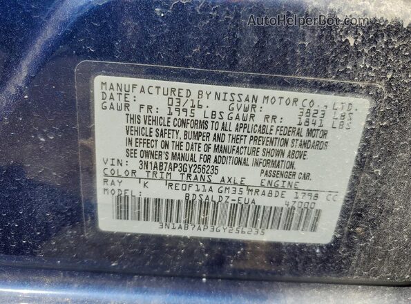 3N1AB7AP3GY256235 2016 NISSAN SENTRA Blue Շարժիչի բաժամունքի տեսք