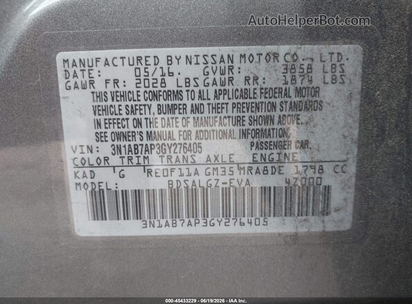 3N1AB7AP3GY276405 2016 NISSAN SENTRA Gray ძრავის განყოფილების ხედი
