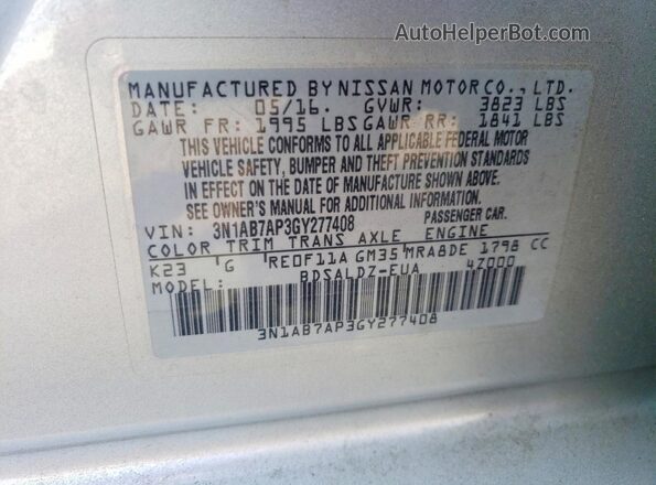 3N1AB7AP3GY277408 2016 NISSAN SENTRA Silver ძრავის განყოფილების ხედი