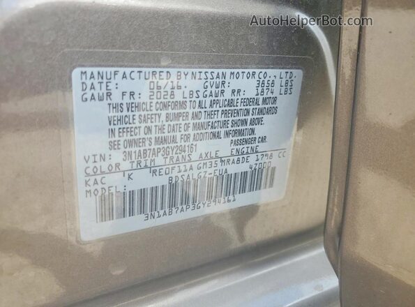 3N1AB7AP3GY294161 2016 NISSAN SENTRA Серый Вид наклейки с VIN-кодом