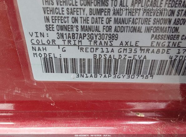 3N1AB7AP3GY307989 2016 NISSAN SENTRA Maroon 