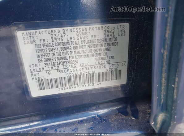 3N1AB7AP3HY300364 2017 NISSAN SENTRA Blue Vista del compartimento del motor