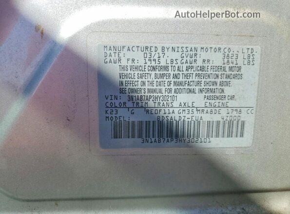 3N1AB7AP3HY302101 2017 NISSAN SENTRA Silver Widok naklejki z numerem VIN