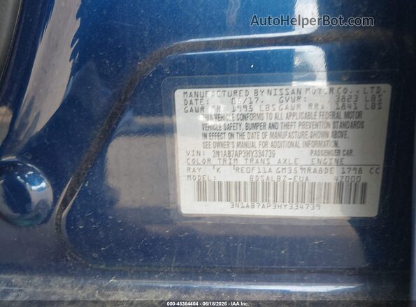 3N1AB7AP3HY334739 2017 NISSAN SENTRA Синий Вид подкапотного пространства