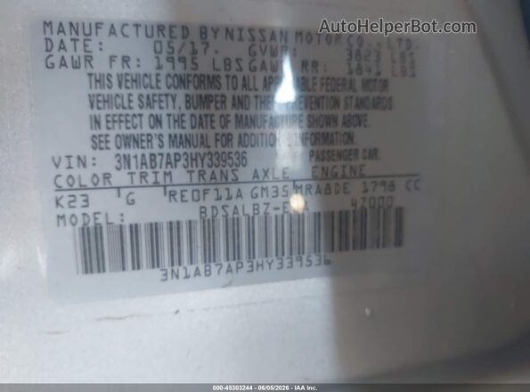 3N1AB7AP3HY339536 2017 NISSAN SENTRA Gray Vista del compartimento del motor