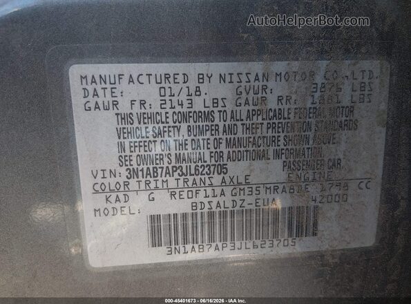 3N1AB7AP3JL623705 2018 NISSAN SENTRA Gray Շարժիչի բաժամունքի տեսք