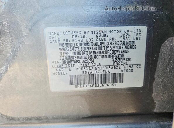 3N1AB7AP3JL626054 2018 NISSAN SENTRA Gray Շարժիչի բաժամունքի տեսք