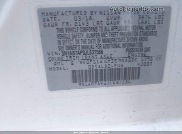 3N1AB7AP3JL637586 2018 NISSAN SENTRA White 