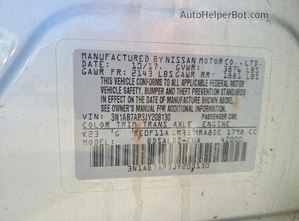 3N1AB7AP3JY208130 2018 NISSAN SENTRA Silver Вид наклейки з VIN-кодом