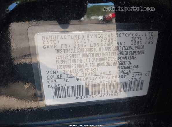 3N1AB7AP3JY214817 2018 NISSAN SENTRA Black Engine compartment view