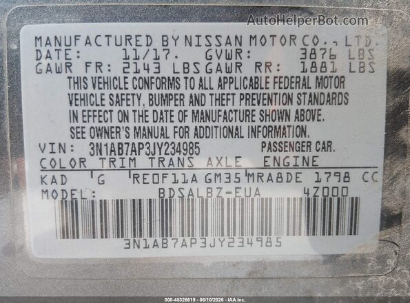 3N1AB7AP3JY234985 2018 NISSAN SENTRA Gray Widok komory silnika