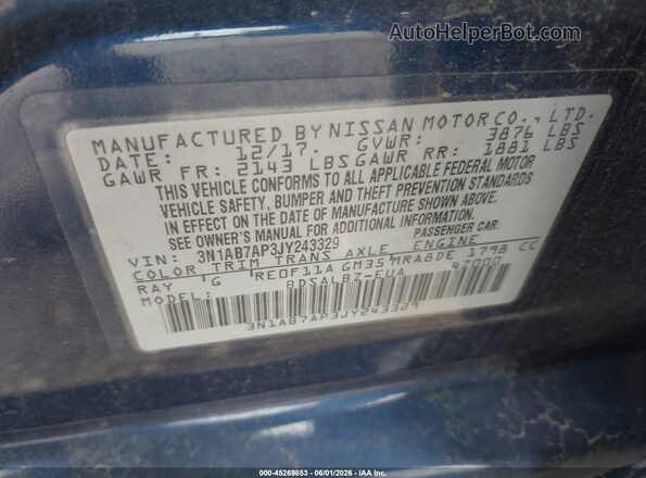 3N1AB7AP3JY243329 2018 NISSAN SENTRA Blue 