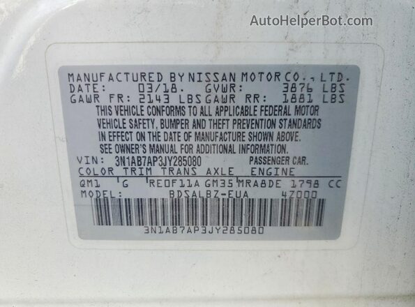 3N1AB7AP3JY285080 2018 NISSAN SENTRA White 