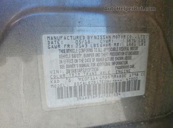 3N1AB7AP3JY317834 2018 NISSAN SENTRA Gray Vista de la etiqueta del VIN