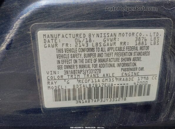 3N1AB7AP3JY331278 2018 NISSAN SENTRA Blue Вид підкапотного простору