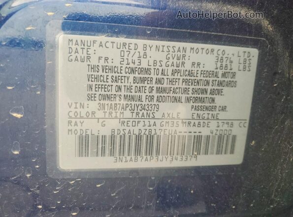 3N1AB7AP3JY343379 2018 NISSAN SENTRA Синий Вид наклейки с VIN-кодом