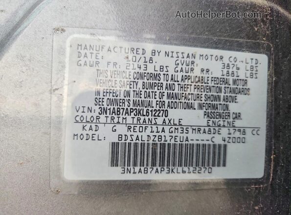 3N1AB7AP3KL612270 2019 NISSAN SENTRA Gray ძრავის განყოფილების ხედი