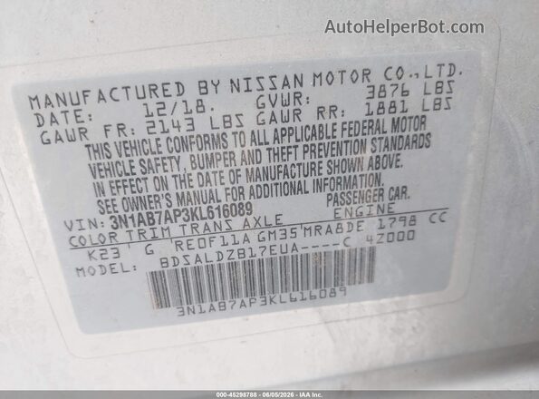 3N1AB7AP3KL616089 2019 NISSAN SENTRA White Vista del compartimento del motor