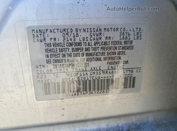 3N1AB7AP3KY228301 2019 NISSAN SENTRA Silver Widok komory silnika