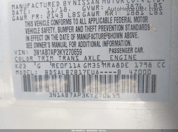 3N1AB7AP3KY270659 2019 NISSAN SENTRA Silver Widok komory silnika