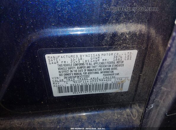 3N1AB7AP3KY273352 2019 NISSAN SENTRA Синий Вид подкапотного пространства
