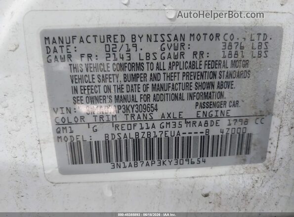3N1AB7AP3KY309654 2019 NISSAN SENTRA Белый Вид подкапотного пространства