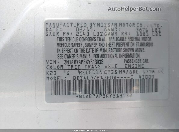 3N1AB7AP3KY313932 2019 NISSAN SENTRA Silver ძრავის განყოფილების ხედი
