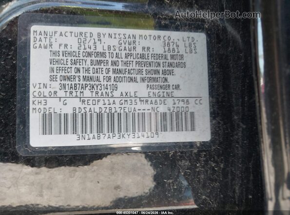 3N1AB7AP3KY314109 2019 NISSAN SENTRA Black Engine compartment view