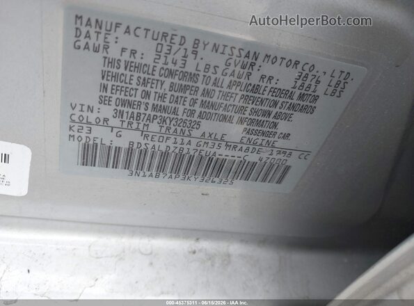 3N1AB7AP3KY326325 2019 NISSAN SENTRA Silver Շարժիչի բաժամունքի տեսք