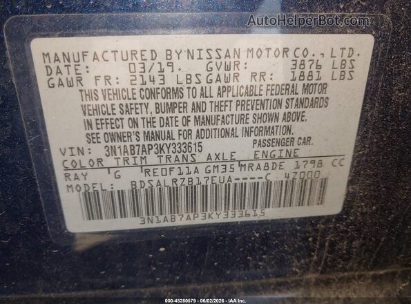 3N1AB7AP3KY333615 2019 NISSAN SENTRA Blue 