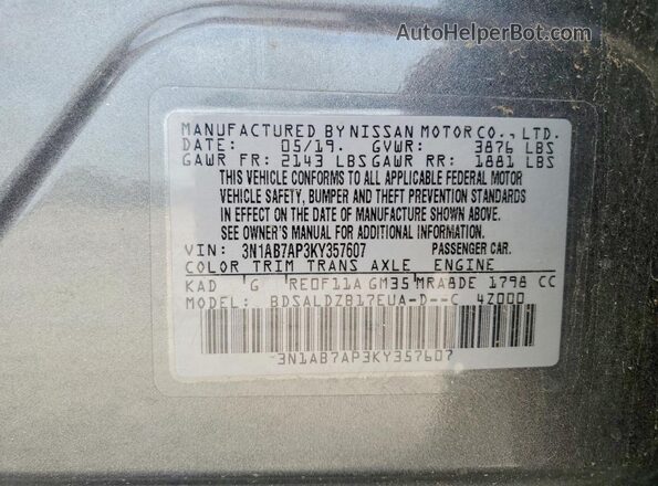 3N1AB7AP3KY357607 2019 NISSAN SENTRA Gray ძრავის განყოფილების ხედი