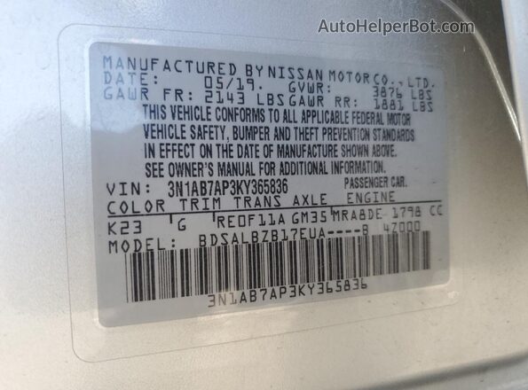 3N1AB7AP3KY365836 2019 NISSAN SENTRA Silver ძრავის განყოფილების ხედი
