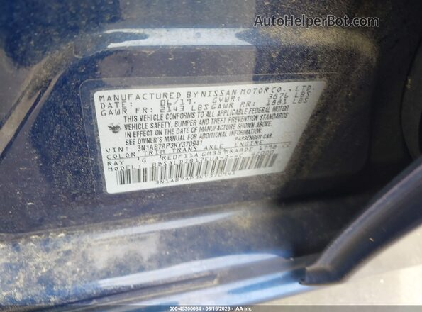 3N1AB7AP3KY370941 2019 NISSAN SENTRA Blue ძრავის განყოფილების ხედი