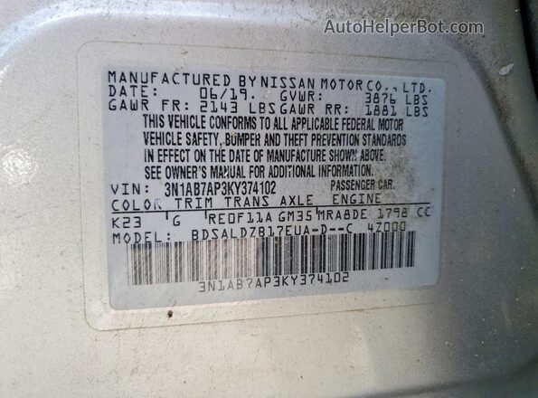 3N1AB7AP3KY374102 2019 NISSAN SENTRA Silver Вид підкапотного простору