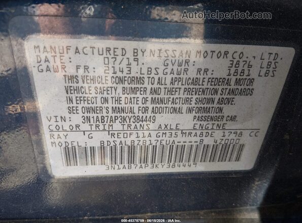 3N1AB7AP3KY384449 2019 NISSAN SENTRA Blue Engine compartment view