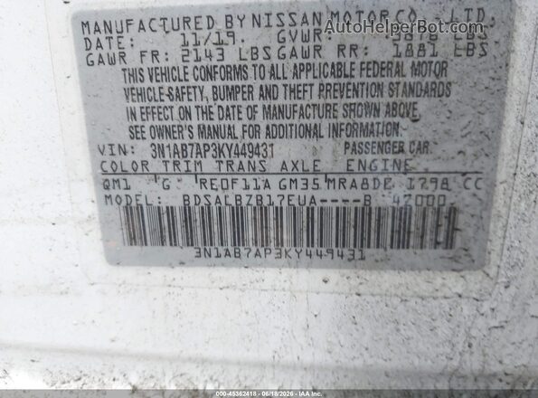 3N1AB7AP3KY449431 2019 NISSAN SENTRA White Engine compartment view