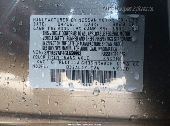 3N1AB7AP4GL659993 2016 NISSAN SENTRA Gray Widok komory silnika