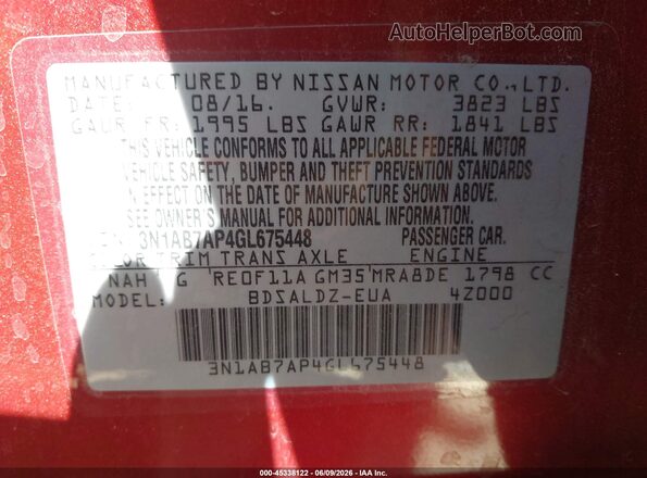 3N1AB7AP4GL675448 2016 NISSAN SENTRA Burgundy Engine compartment view