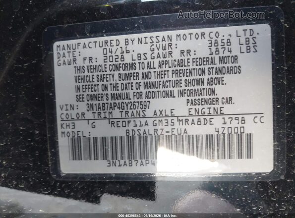 3N1AB7AP4GY267597 2016 NISSAN SENTRA Черный Вид подкапотного пространства