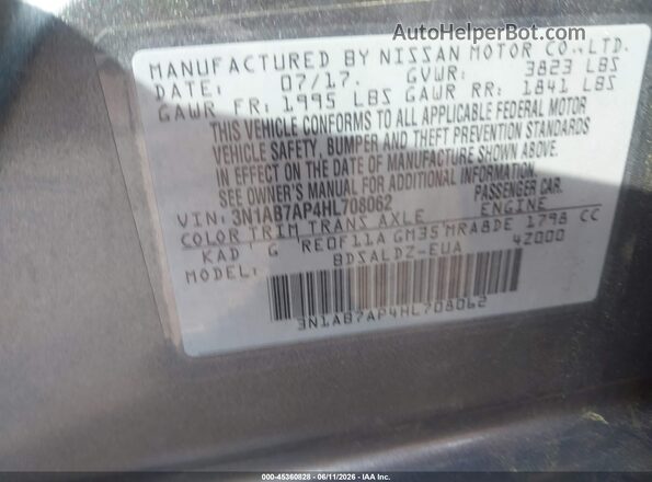 3N1AB7AP4HL708062 2017 NISSAN SENTRA Gray Շարժիչի բաժամունքի տեսք