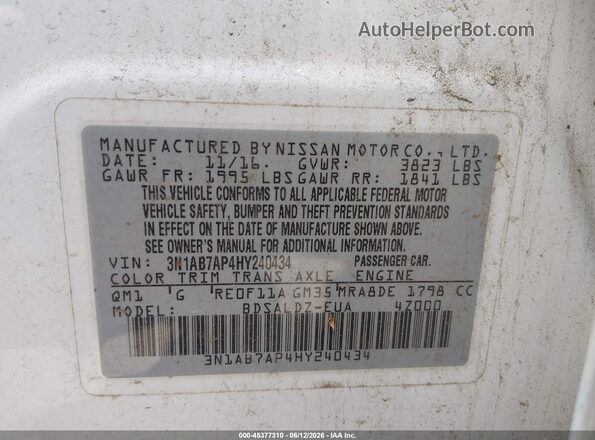 3N1AB7AP4HY240434 2017 NISSAN SENTRA Белый Вид подкапотного пространства